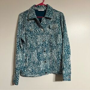 Women’s Isaac Mizrahi Live Teal Blue Patterned Snap Front Jacket Size Medium